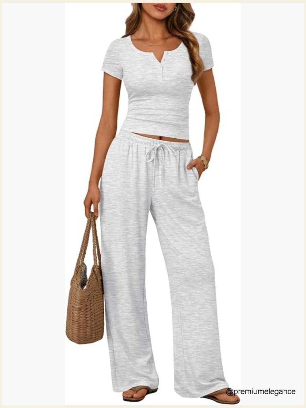 2 Piece Lounge Set Henley Crop Top Wide Leg Pants Sweat Suit
